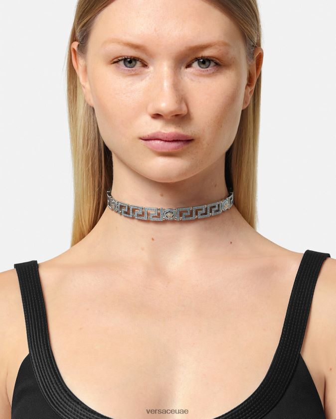 نحيف قلادة كريستال ميدوسا اليونانية Versace أزرق فاتح ومعدني 0FVD2J720 مُكَمِّلات