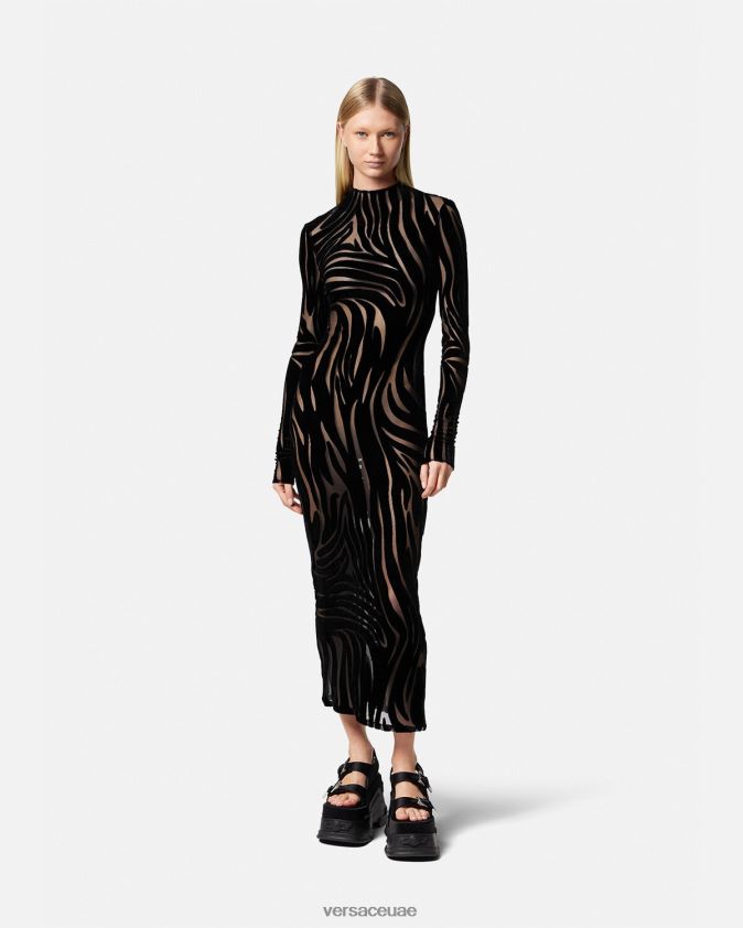 نحيف فستان زيبرا المخملي ميدي Versace أسود 0FVD2J72 ملابس