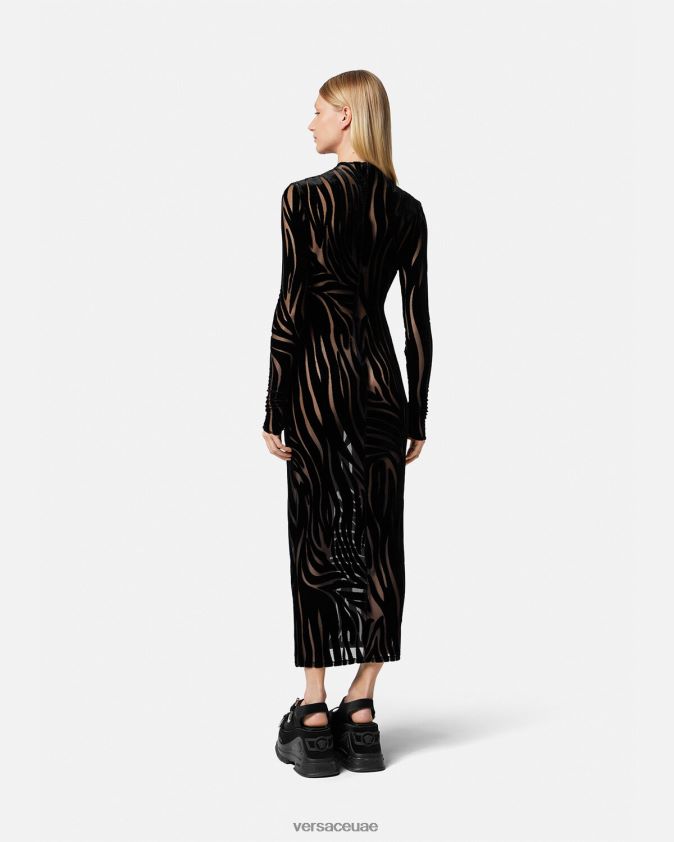نحيف فستان زيبرا المخملي ميدي Versace أسود 0FVD2J72 ملابس