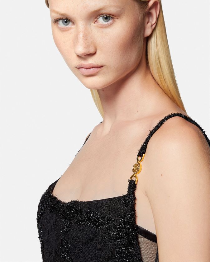 نحيف فستان قصير من التويد بتصميم ميدوسا Versace أسود 0FVD2J77 ملابس