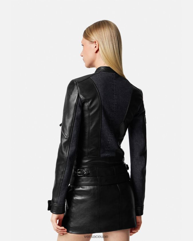 نحيف سترة راكب الدراجة النارية من جلد الدنيم Versace أسود 0FVD2J90 ملابس