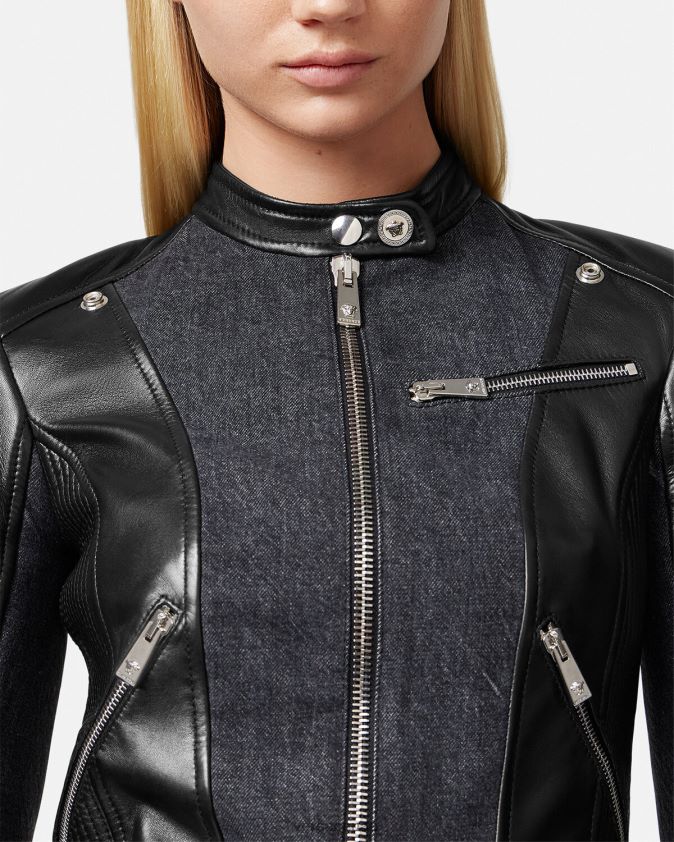 نحيف سترة راكب الدراجة النارية من جلد الدنيم Versace أسود 0FVD2J90 ملابس