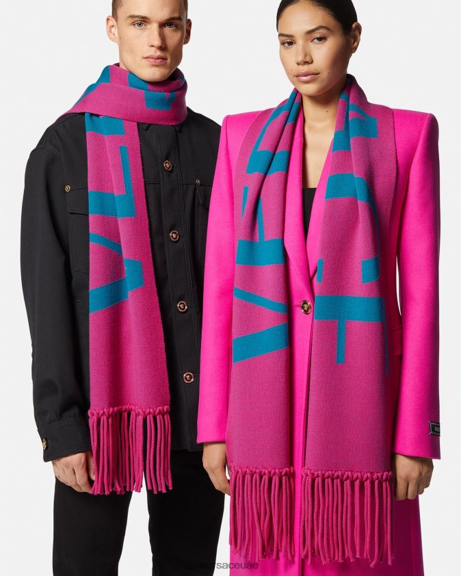 نحيف وشاح جاكار منسوج بشعار الماركة Versace الفوشيه والأزرق 0FVD2J934 مُكَمِّلات