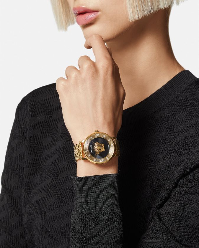 نحيف ساعة لا ميدوسا الماسية Versace الذهب الأسود 0FVD2J962 مُكَمِّلات