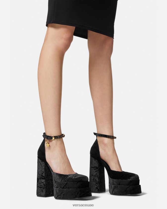 نحيف حذاء ميدوسا إيفيتاس ذو نعل سميك مخملي Versace أسود 0FVD2J428 حذاء